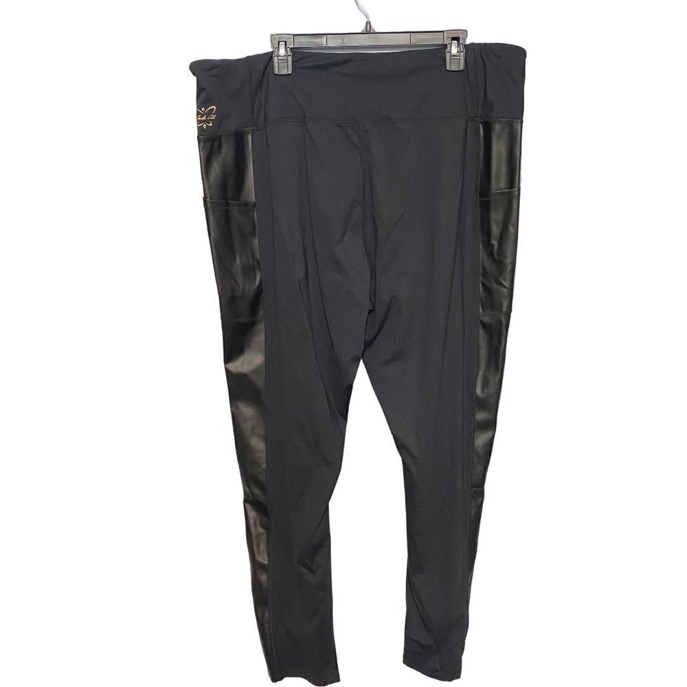 Laila Ali Black Athletic Leggings with Faux Leather Leg Trim & Pockets Womens 3X - Picture 2 of 11